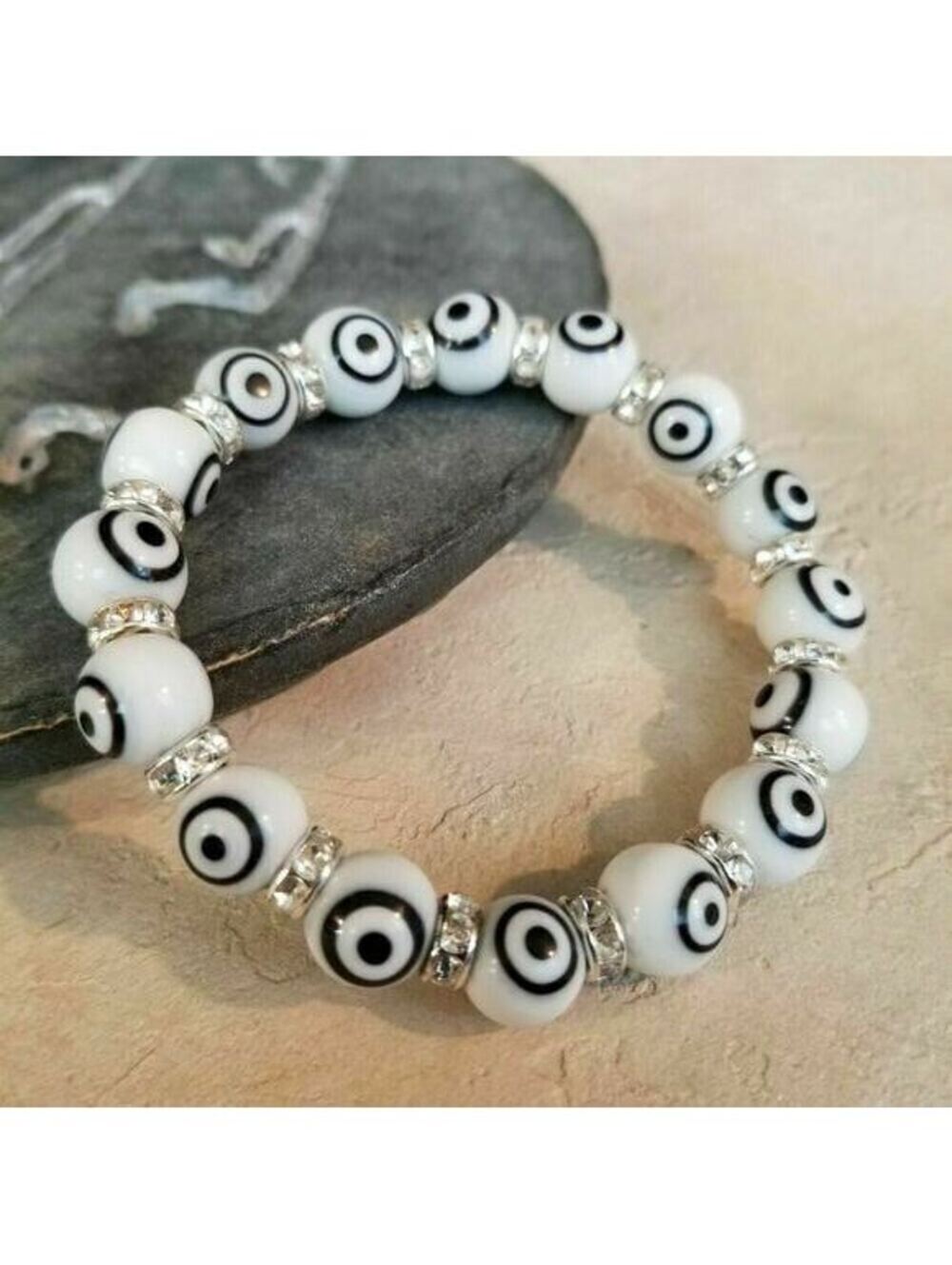 Handmade White Black Turkish Evil Eye Glass & Egyptian Crystal Talisman Bracelet